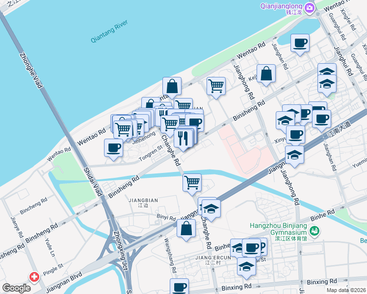 map of restaurants, bars, coffee shops, grocery stores, and more near Bin Sheng Lu in Hang Zhou Shi