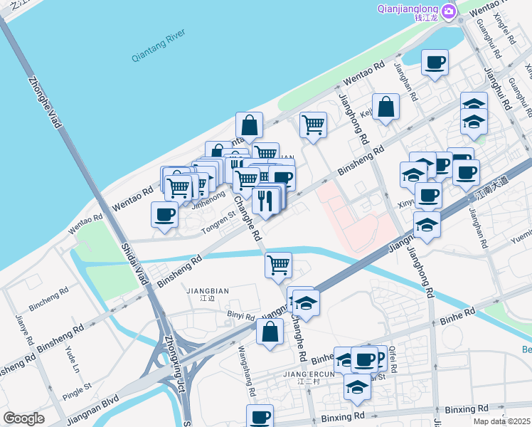 map of restaurants, bars, coffee shops, grocery stores, and more near Bin Sheng Lu in Hang Zhou Shi