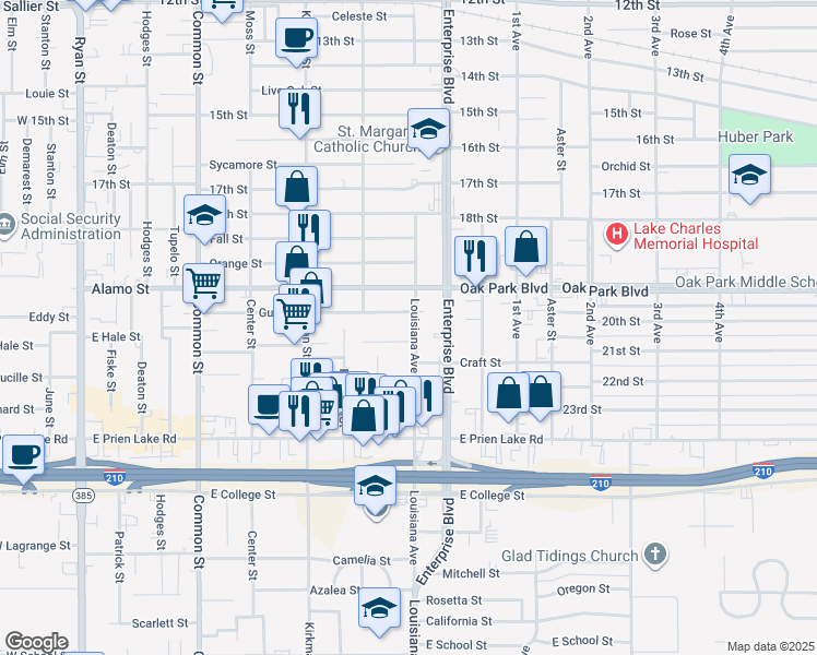 map of restaurants, bars, coffee shops, grocery stores, and more near 3000 Louisiana Avenue in Lake Charles