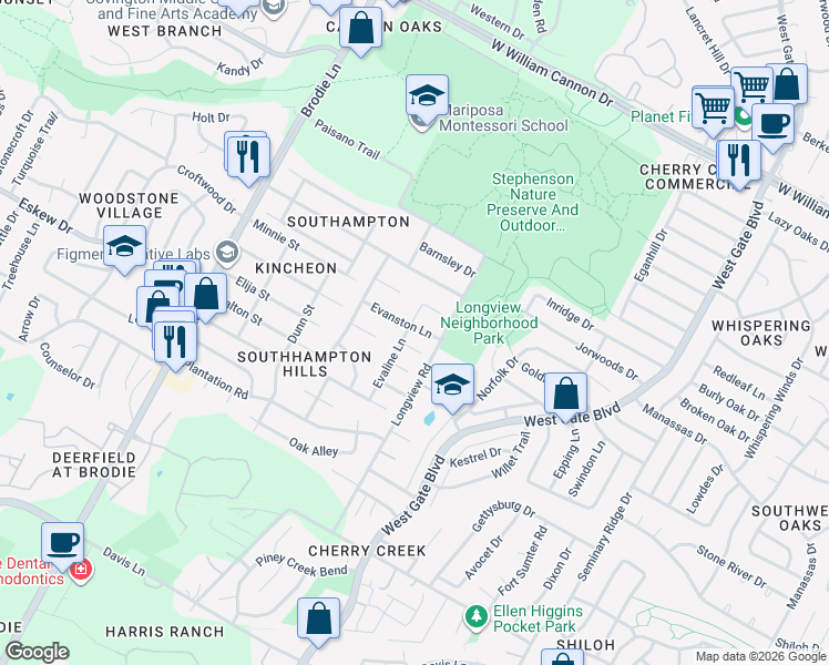 map of restaurants, bars, coffee shops, grocery stores, and more near 7705 Evaline Lane in Austin