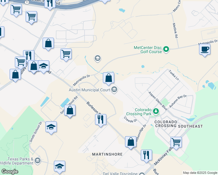 map of restaurants, bars, coffee shops, grocery stores, and more near 6800 Burleson Road in Austin