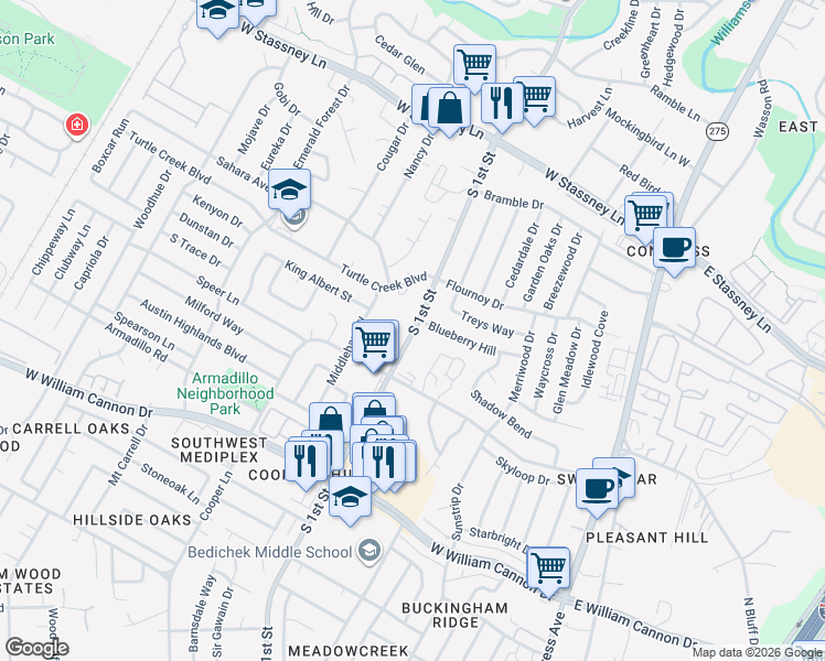 map of restaurants, bars, coffee shops, grocery stores, and more near 6114 South 1st Street in Austin