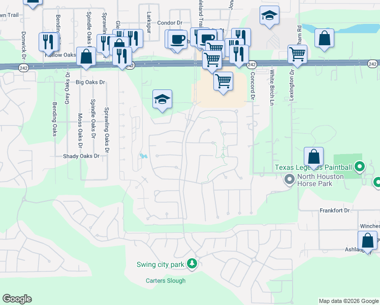 map of restaurants, bars, coffee shops, grocery stores, and more near 10314 Parrot's Feather Court in Conroe