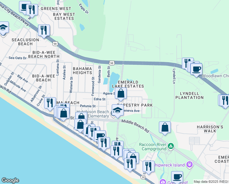 map of restaurants, bars, coffee shops, grocery stores, and more near 12804 Agave Street in Panama City Beach
