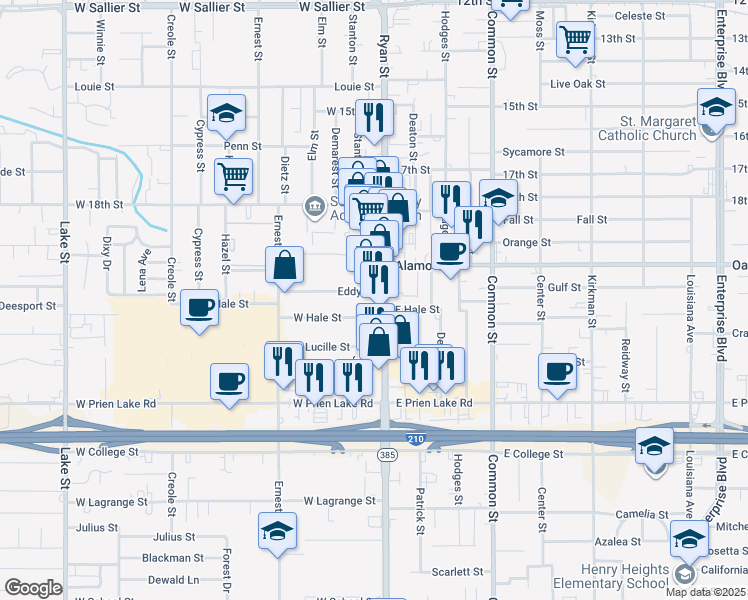 map of restaurants, bars, coffee shops, grocery stores, and more near 106-110 Eddy St in Lake Charles