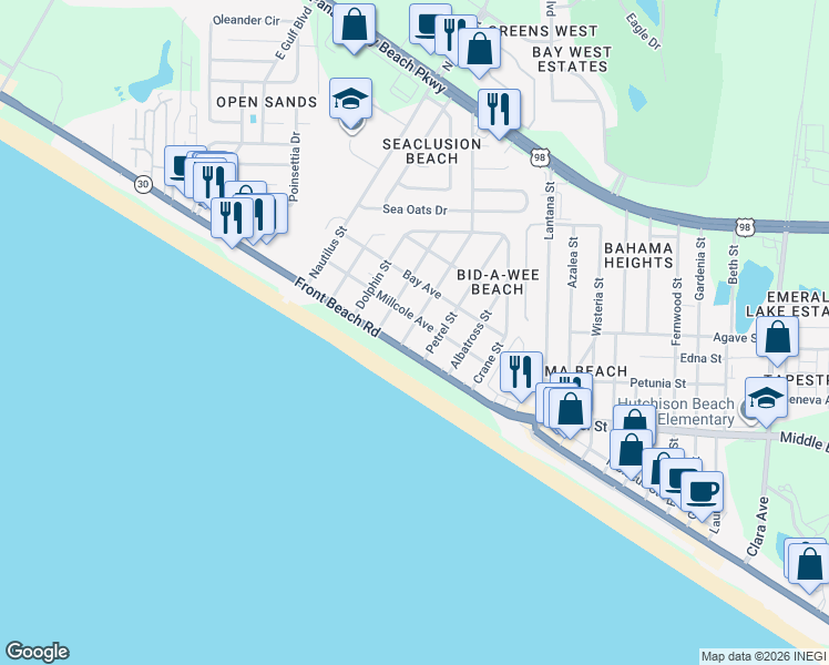 map of restaurants, bars, coffee shops, grocery stores, and more near 603 Argonaut Street in Panama City Beach