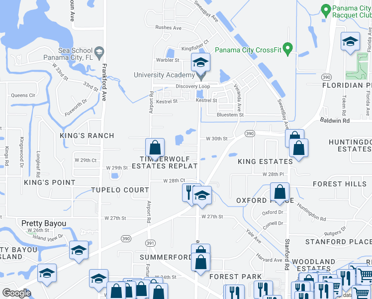 map of restaurants, bars, coffee shops, grocery stores, and more near 1427 West 30th Street in Panama City