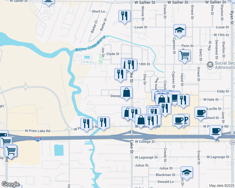 map of restaurants, bars, coffee shops, grocery stores, and more near 2960 Lake Street in Lake Charles