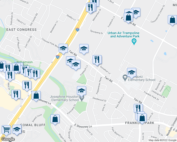 map of restaurants, bars, coffee shops, grocery stores, and more near 5008 Merritt Drive in Austin