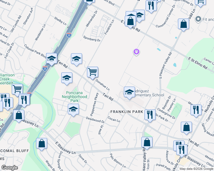 map of restaurants, bars, coffee shops, grocery stores, and more near 2112 Donahue Lane in Austin
