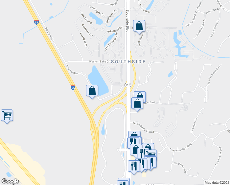 map of restaurants, bars, coffee shops, grocery stores, and more near 9133 Western Way in Jacksonville