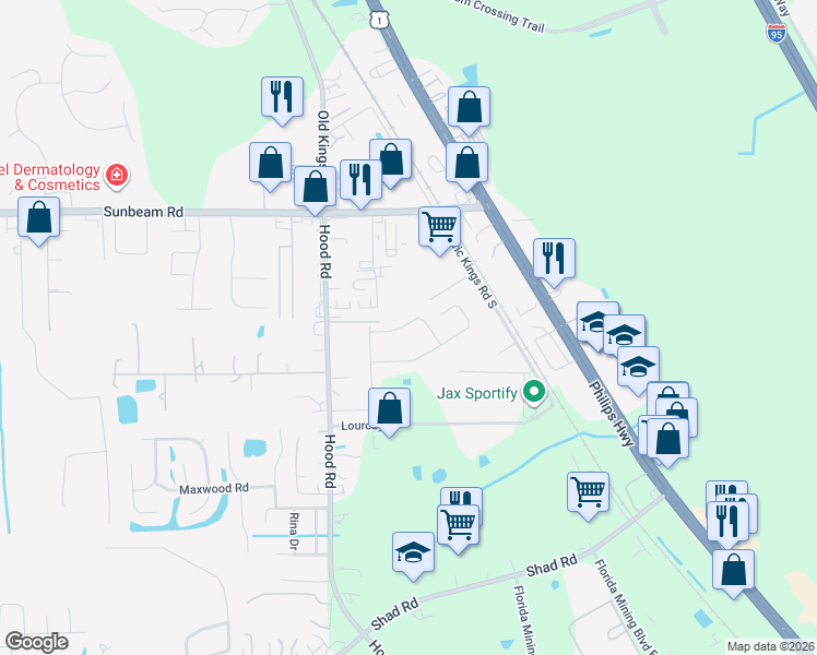 map of restaurants, bars, coffee shops, grocery stores, and more near 5049 Sundrop Way in Jacksonville