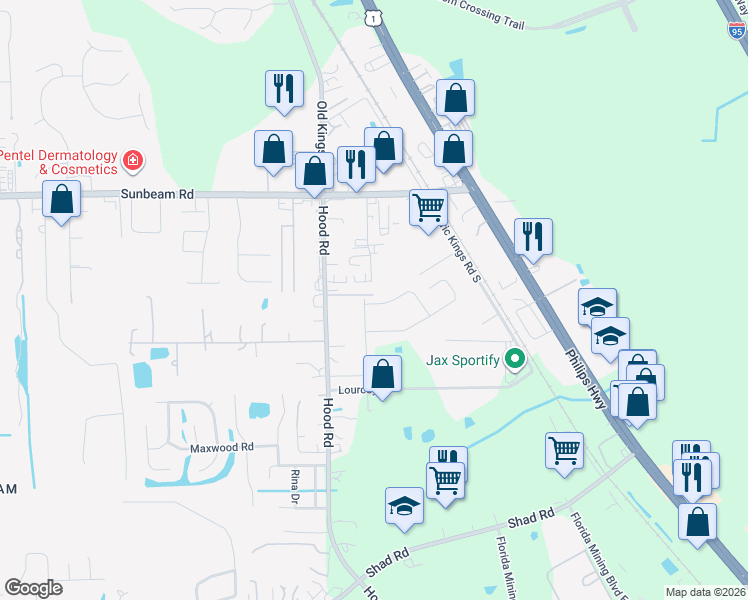 map of restaurants, bars, coffee shops, grocery stores, and more near 5049 Sundrop Way in Jacksonville