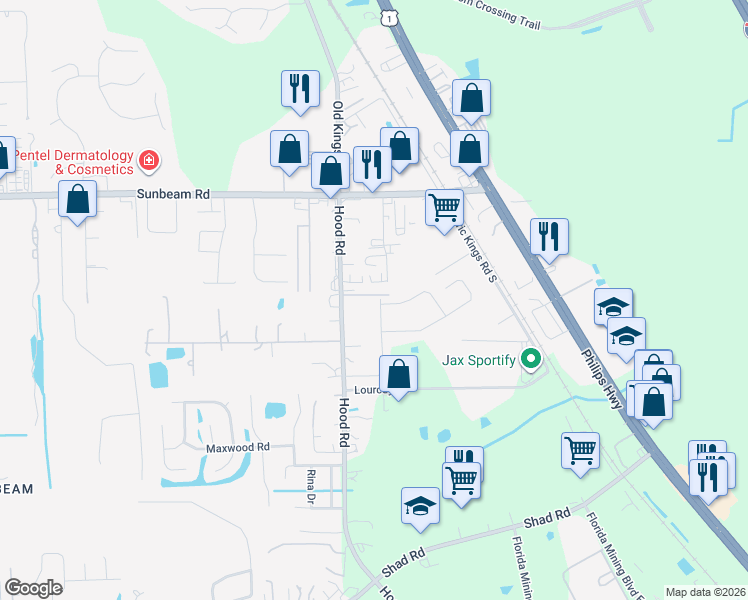 map of restaurants, bars, coffee shops, grocery stores, and more near 9604 Price Park Drive in Jacksonville