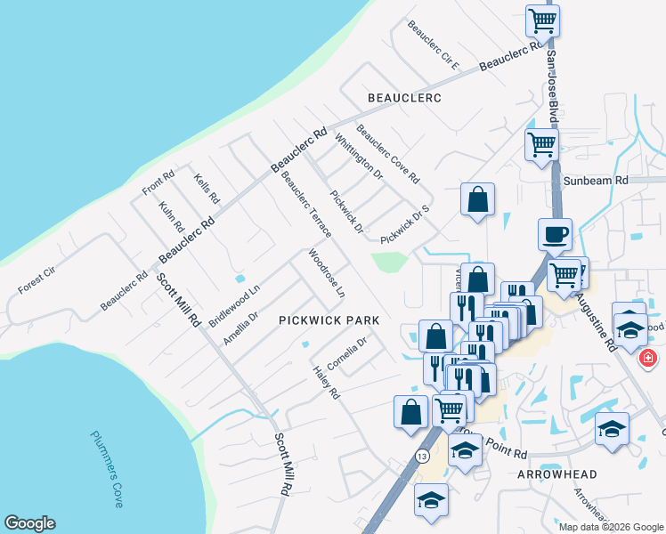 map of restaurants, bars, coffee shops, grocery stores, and more near 9771 Woodrose Lane in Jacksonville