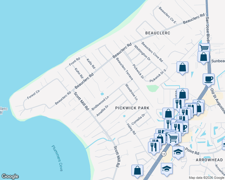 map of restaurants, bars, coffee shops, grocery stores, and more near 3026 Beauclerc Oaks Drive South in Jacksonville