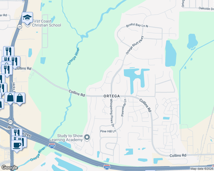 map of restaurants, bars, coffee shops, grocery stores, and more near 5511 Kilcullen Lane in Jacksonville