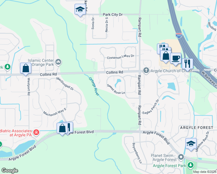 map of restaurants, bars, coffee shops, grocery stores, and more near 7945 Amandas Crossing Drive West in Jacksonville