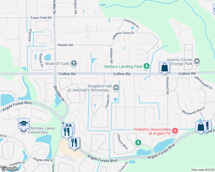 map of restaurants, bars, coffee shops, grocery stores, and more near 7660 Collins Ridge Boulevard in Jacksonville