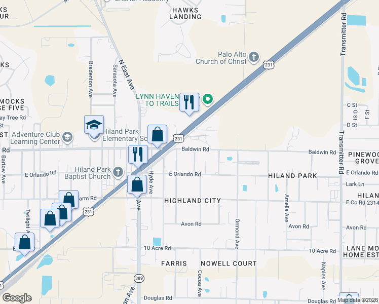 map of restaurants, bars, coffee shops, grocery stores, and more near in Hiland Park
