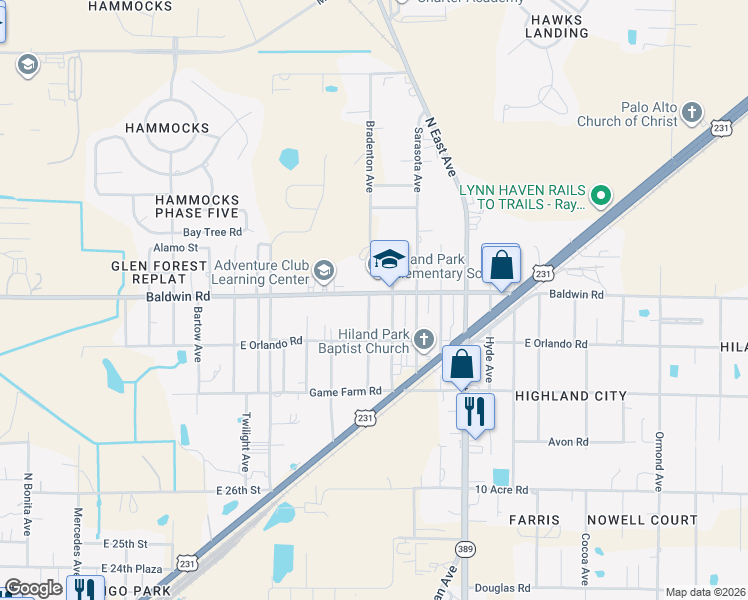 map of restaurants, bars, coffee shops, grocery stores, and more near 2501 East Baldwin Road in Panama City