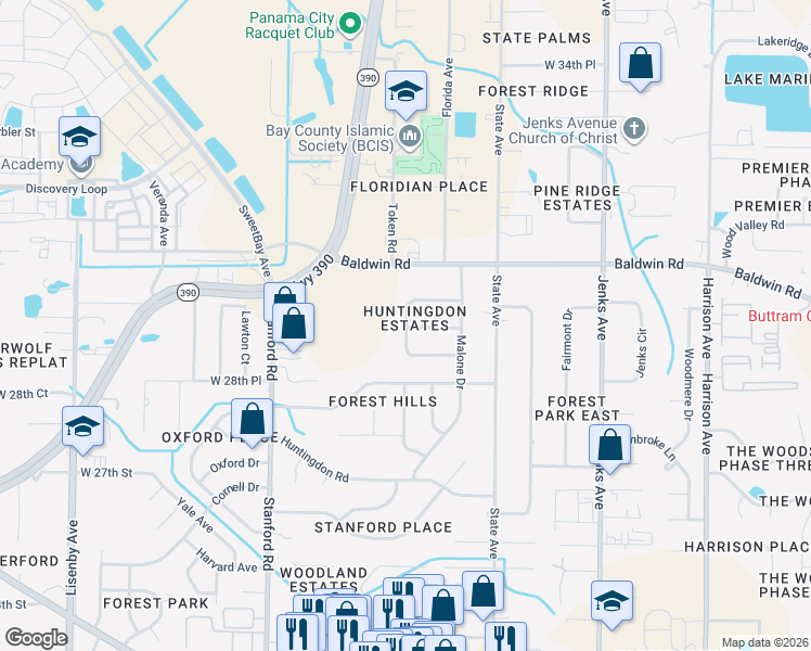 map of restaurants, bars, coffee shops, grocery stores, and more near 802-806 Marywood Drive in Panama City