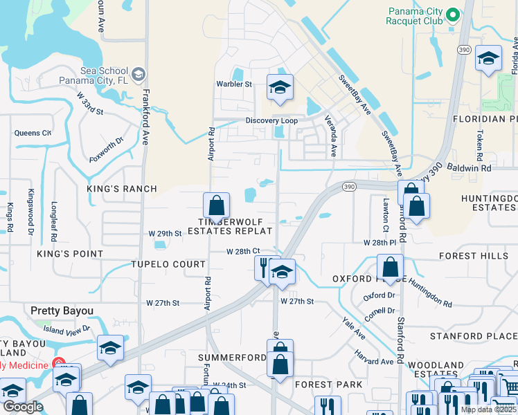 map of restaurants, bars, coffee shops, grocery stores, and more near 1427 West 30th Street in Panama City