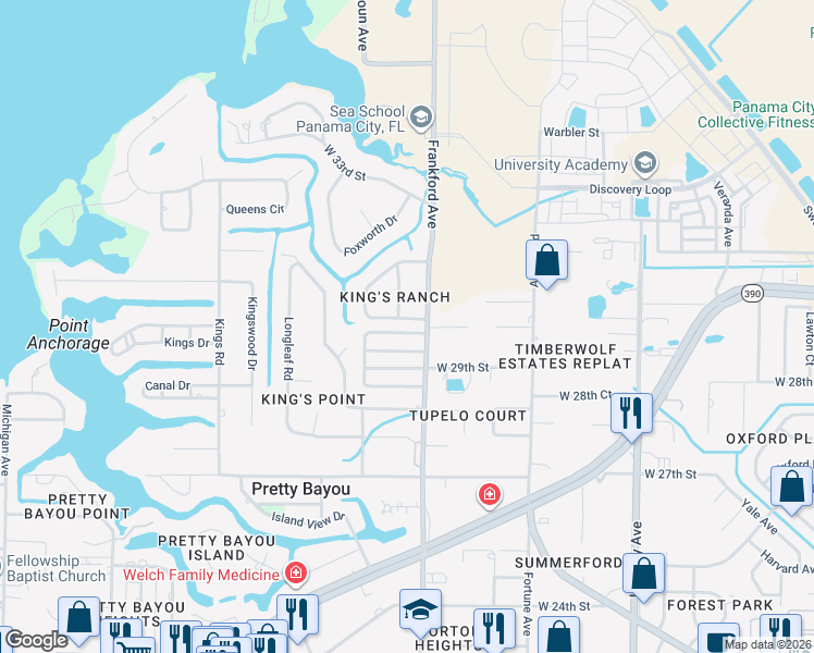 map of restaurants, bars, coffee shops, grocery stores, and more near 2172-2198 Briawood Circle in Panama City