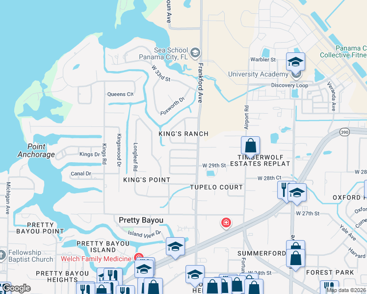map of restaurants, bars, coffee shops, grocery stores, and more near 2128 Briawood Circle in Panama City