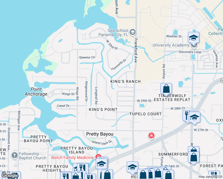 map of restaurants, bars, coffee shops, grocery stores, and more near 2871 Tupelo Drive in Panama City