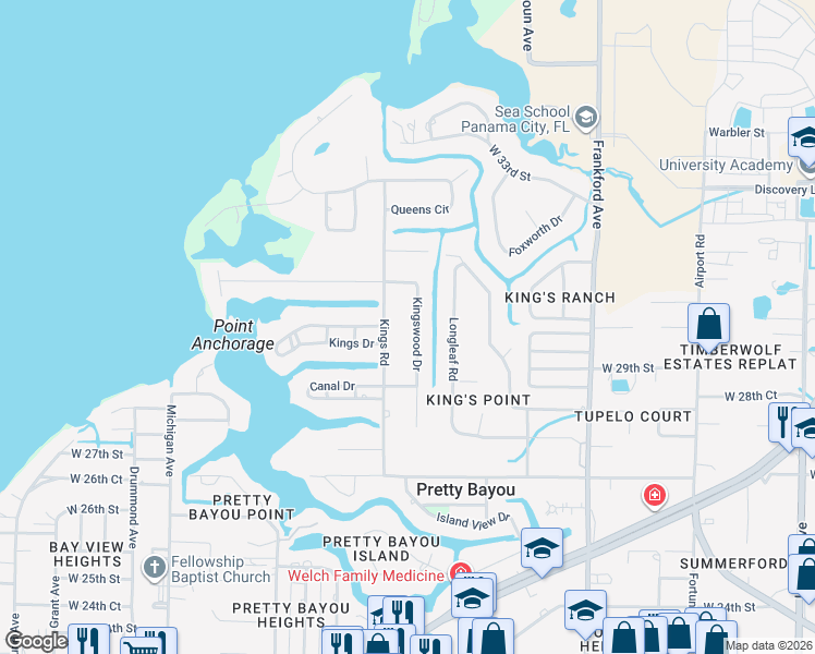 map of restaurants, bars, coffee shops, grocery stores, and more near 2934 Kings Road in Panama City