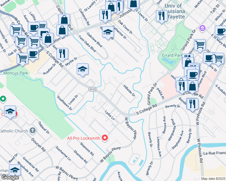 map of restaurants, bars, coffee shops, grocery stores, and more near in Lafayette