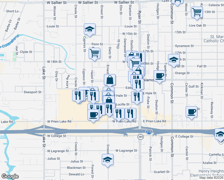 map of restaurants, bars, coffee shops, grocery stores, and more near 220 Eddy Street in Lake Charles
