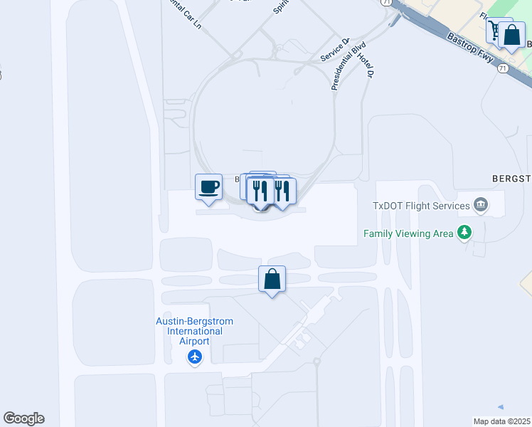 map of restaurants, bars, coffee shops, grocery stores, and more near 3600 Presidential Boulevard in Austin