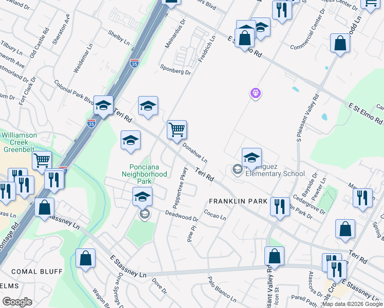 map of restaurants, bars, coffee shops, grocery stores, and more near 2112 Donahue Lane in Austin