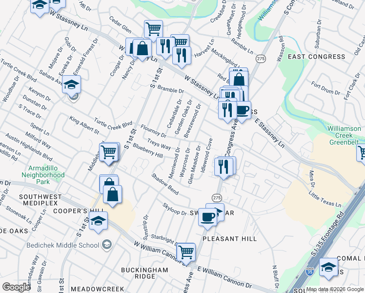 map of restaurants, bars, coffee shops, grocery stores, and more near 317 Flournoy Drive in Austin