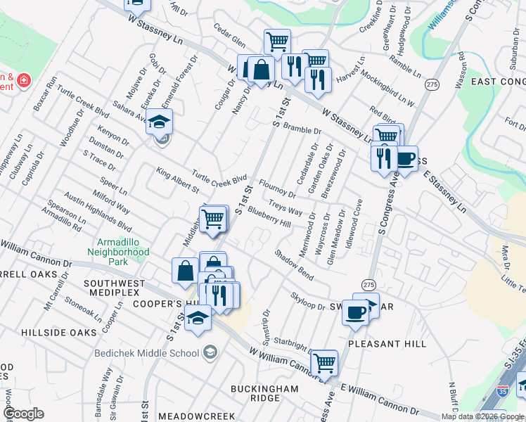 map of restaurants, bars, coffee shops, grocery stores, and more near 607 Treys Way in Austin