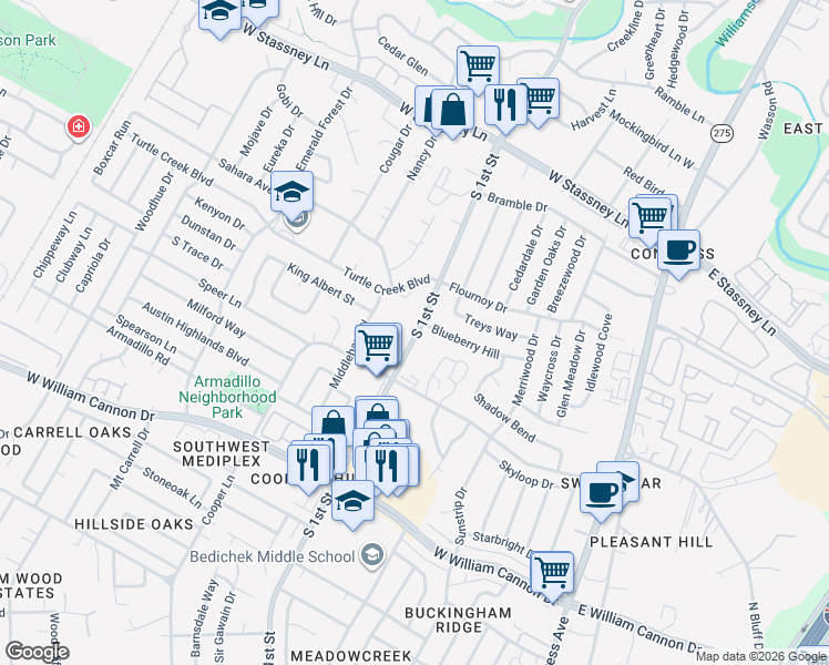 map of restaurants, bars, coffee shops, grocery stores, and more near 6114 South 1st Street in Austin