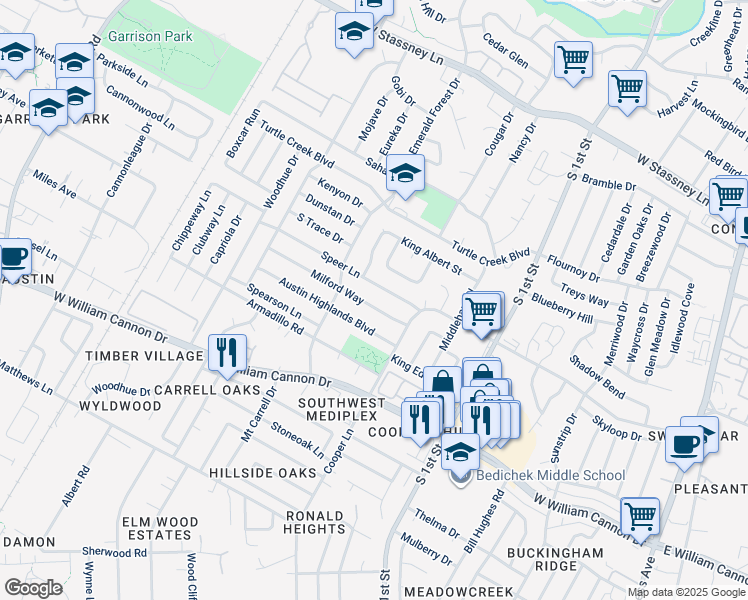 map of restaurants, bars, coffee shops, grocery stores, and more near 1005 Speer Lane in Austin