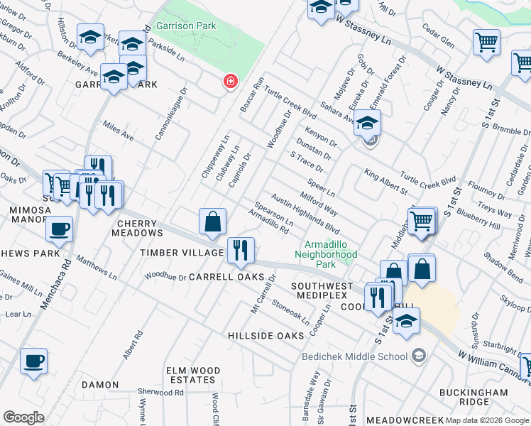 map of restaurants, bars, coffee shops, grocery stores, and more near 1208 Spearson Lane in Austin