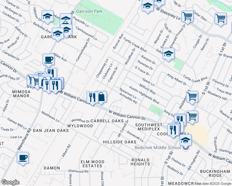 map of restaurants, bars, coffee shops, grocery stores, and more near 1304 Armadillo Road in Austin