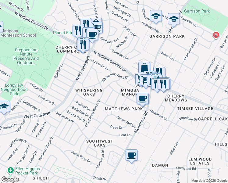 map of restaurants, bars, coffee shops, grocery stores, and more near 2306 Matthews Lane in Austin