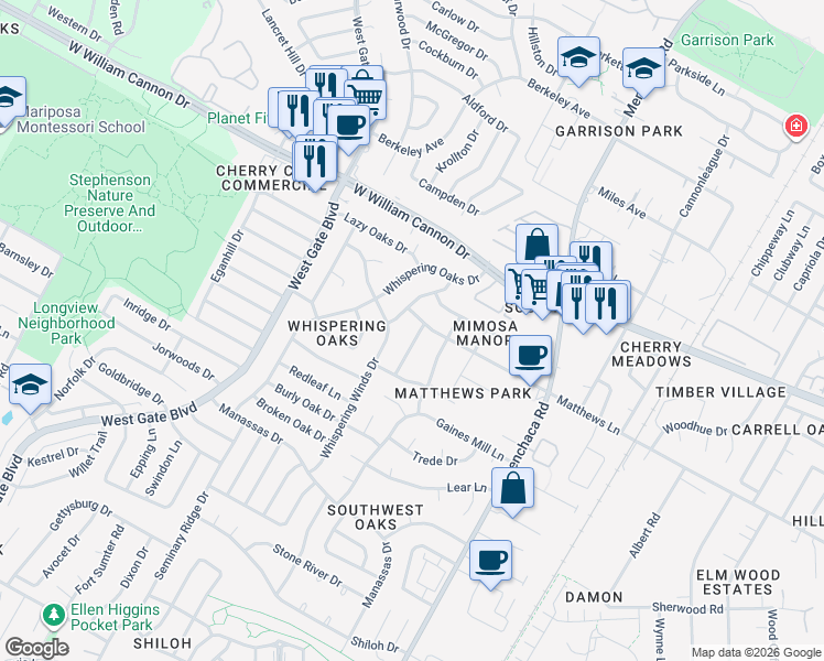 map of restaurants, bars, coffee shops, grocery stores, and more near 7204 Twisted Oaks Drive in Austin