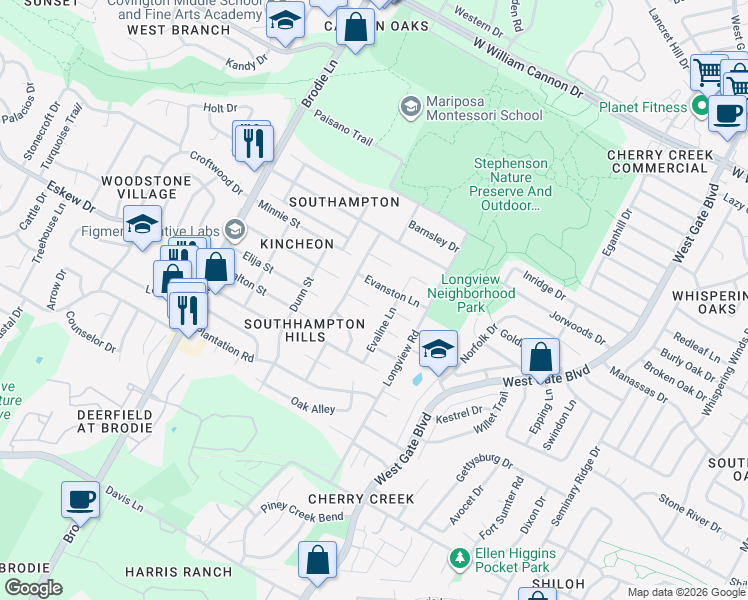 map of restaurants, bars, coffee shops, grocery stores, and more near 3203 Evanston Lane in Austin