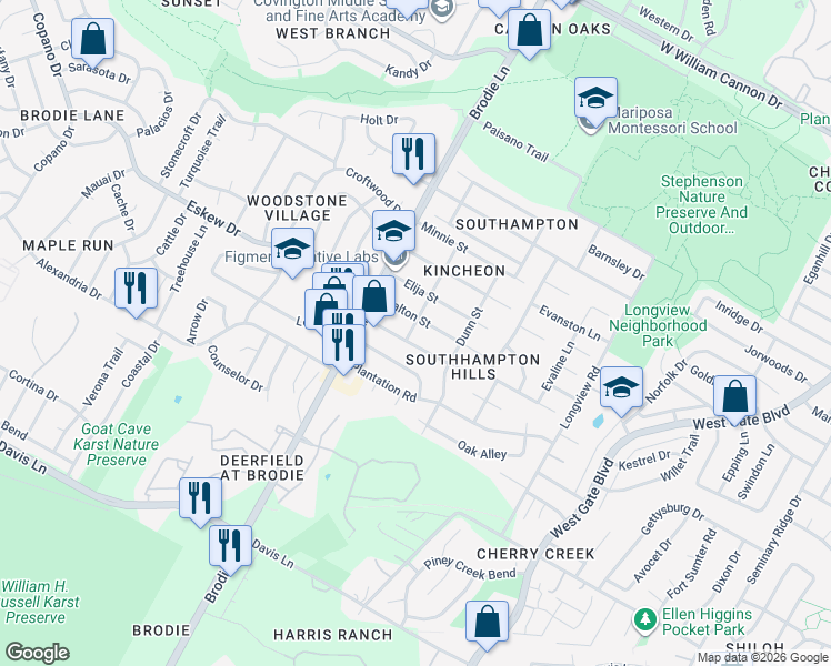 map of restaurants, bars, coffee shops, grocery stores, and more near 3413 Dalton Street in Austin