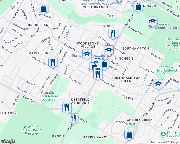 map of restaurants, bars, coffee shops, grocery stores, and more near 3621 Leafield Drive in Austin