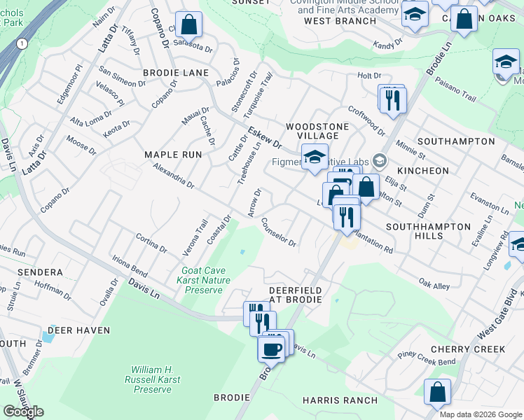 map of restaurants, bars, coffee shops, grocery stores, and more near 3803 Arrow Drive in Austin