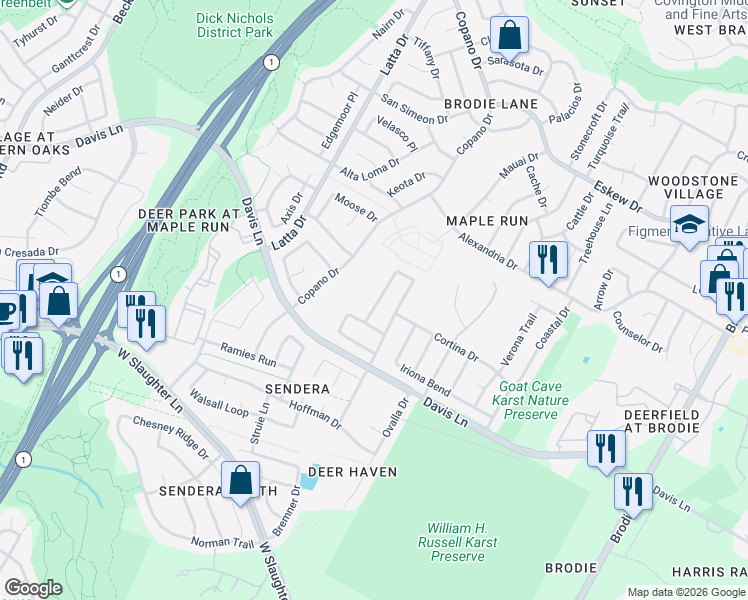 map of restaurants, bars, coffee shops, grocery stores, and more near 4526 Corran Ferry Loop in Austin