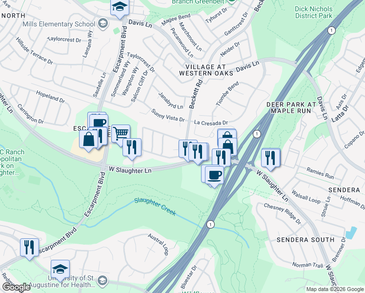 map of restaurants, bars, coffee shops, grocery stores, and more near 6420 York Bridge Circle in Austin