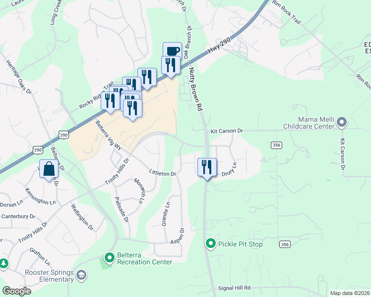 map of restaurants, bars, coffee shops, grocery stores, and more near 370 Littleton Drive in Austin